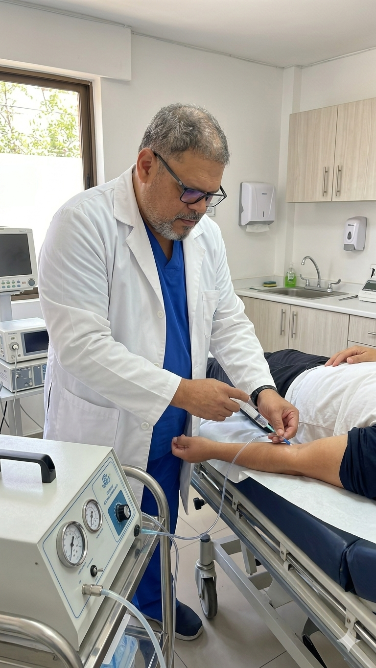 Dr. Pedro Luis Estrada Pacheco realizando ozonoterapia en consultorio de medicina integrativa – MD Alternativas Medellín Colombia